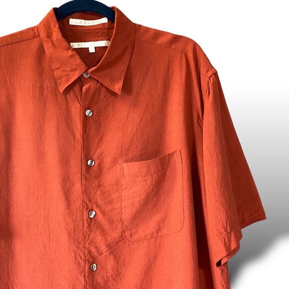Perry Ellis 100% Silk Dress Shirt Mens L Orange Short Sleeve Button-Up Pocket - Picture 3 of 10